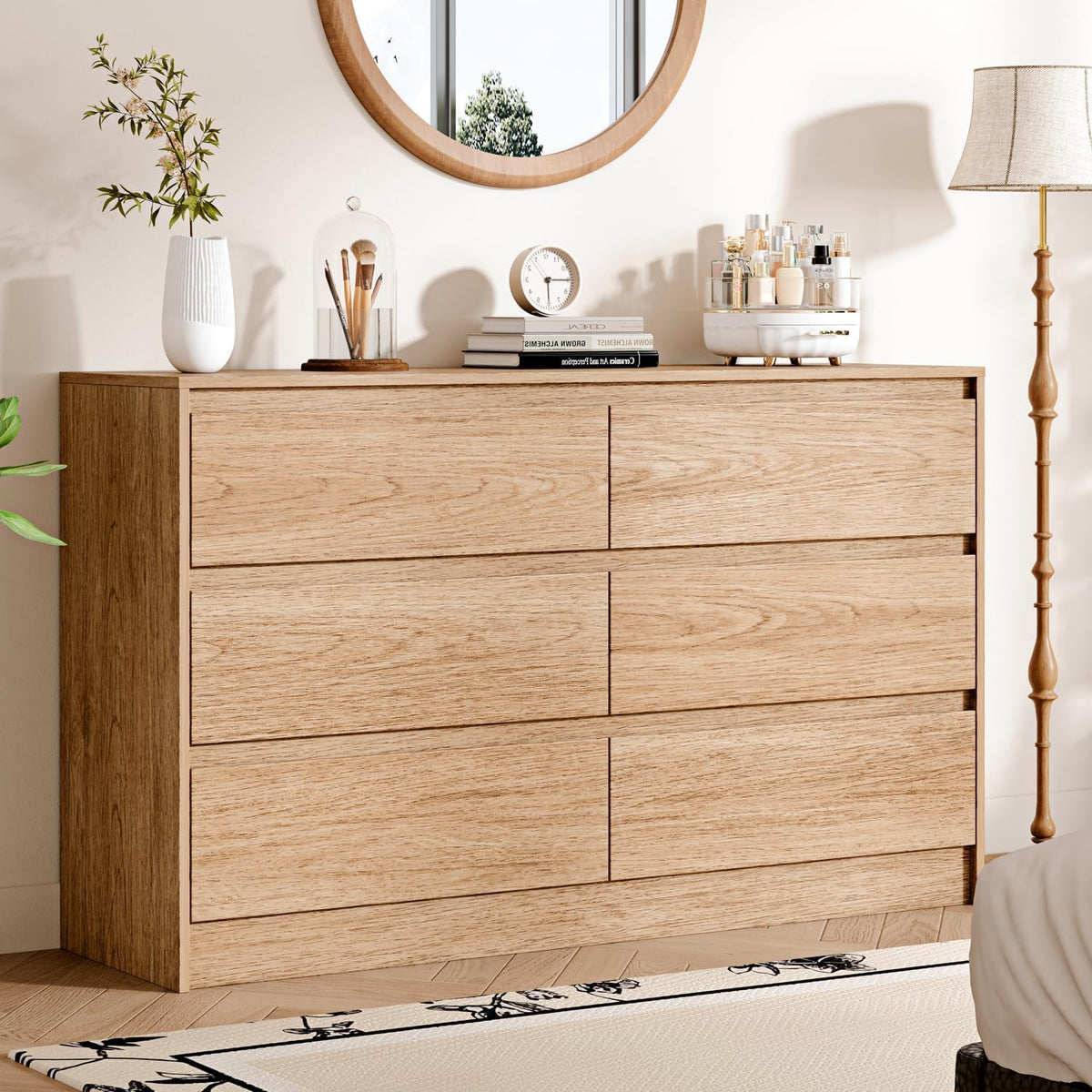 Chrangmay 6 Drawer Dresser,47.24" Wide Mid Century Chest of Drawers,Wooden Bedroom Drawer Dresser with 6 Storage Drawers for Bedroom,Living Room,with Anti-Tipping Device, Wheat