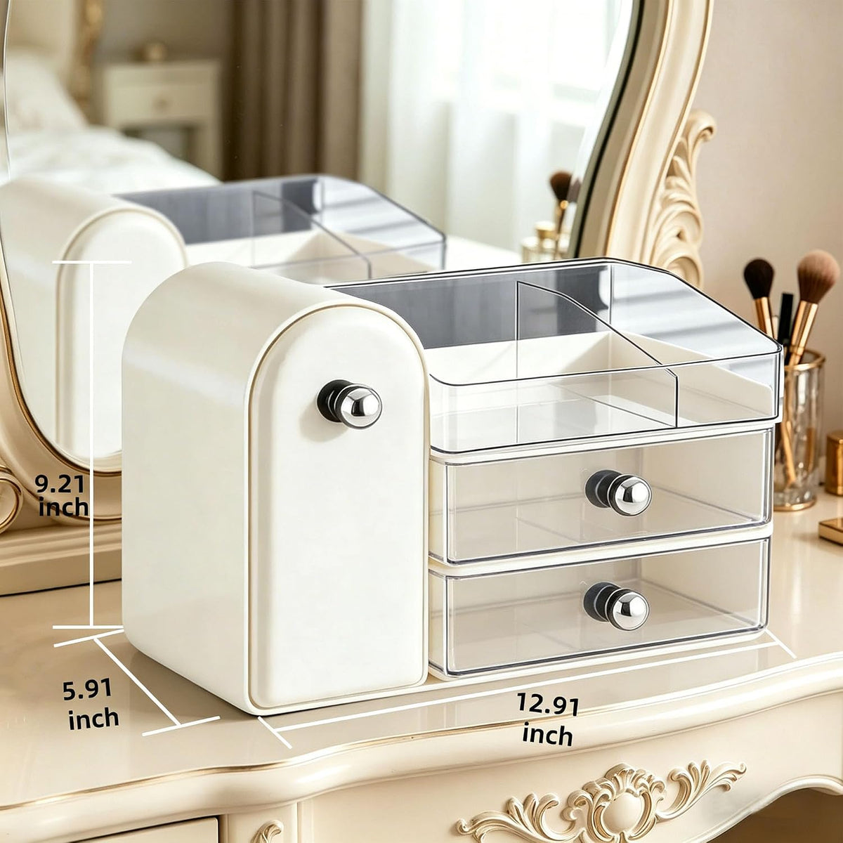 Makeup Organizer with Makeup Brush Holder, 2 Drawer, White