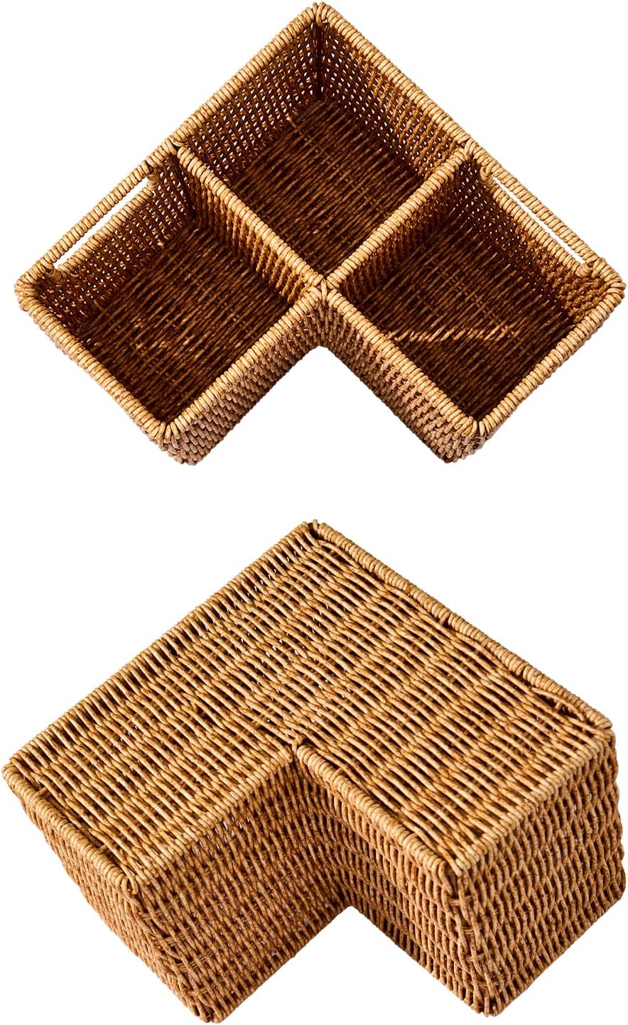 Berdeng 3-Compartment Silverware Caddy, Faux Rattan Utensil Holder with 2 Handles, Washable Woven Flatware Organizer for Forks, Knives and Spoons, Kitchen Countertop and Dining Table