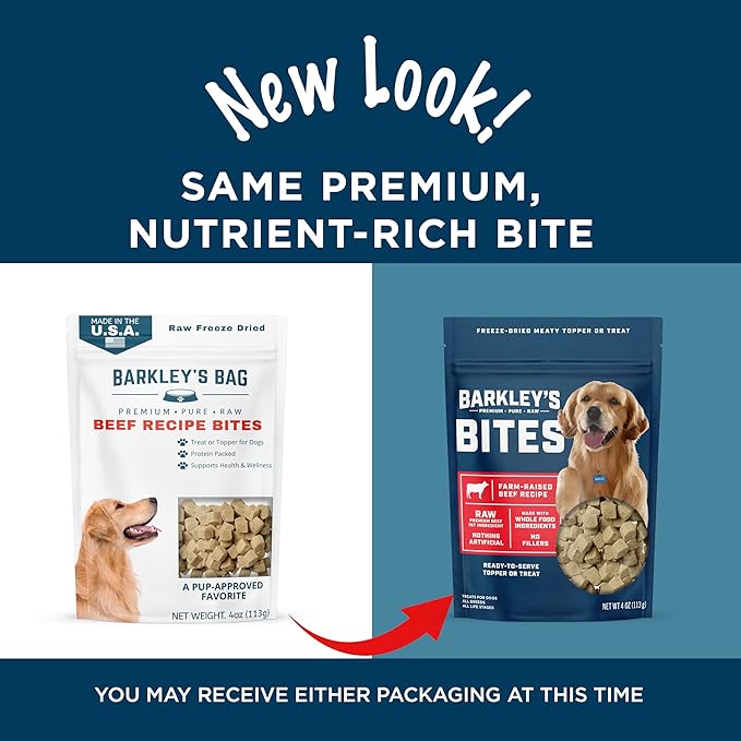 Barkley’s Bag Beef Bites, Freeze Dried Dog Treats & Food Topper, Made w/Beef, Barley, and Quinoa, Small Bite-Sized Pieces for Training Rewards, for All Dog Breeds, Ages & Sizes, 4 Oz Bag (6 Pack)