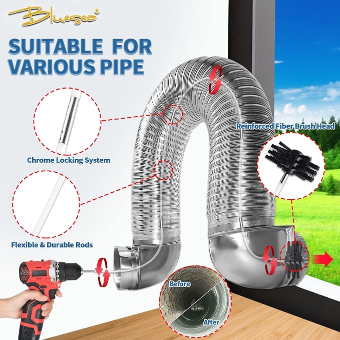 Bluesea 7 Pieces 35 Feet Dryer Vent Cleaner Kit, Reinforced Nylon Dryer Vent