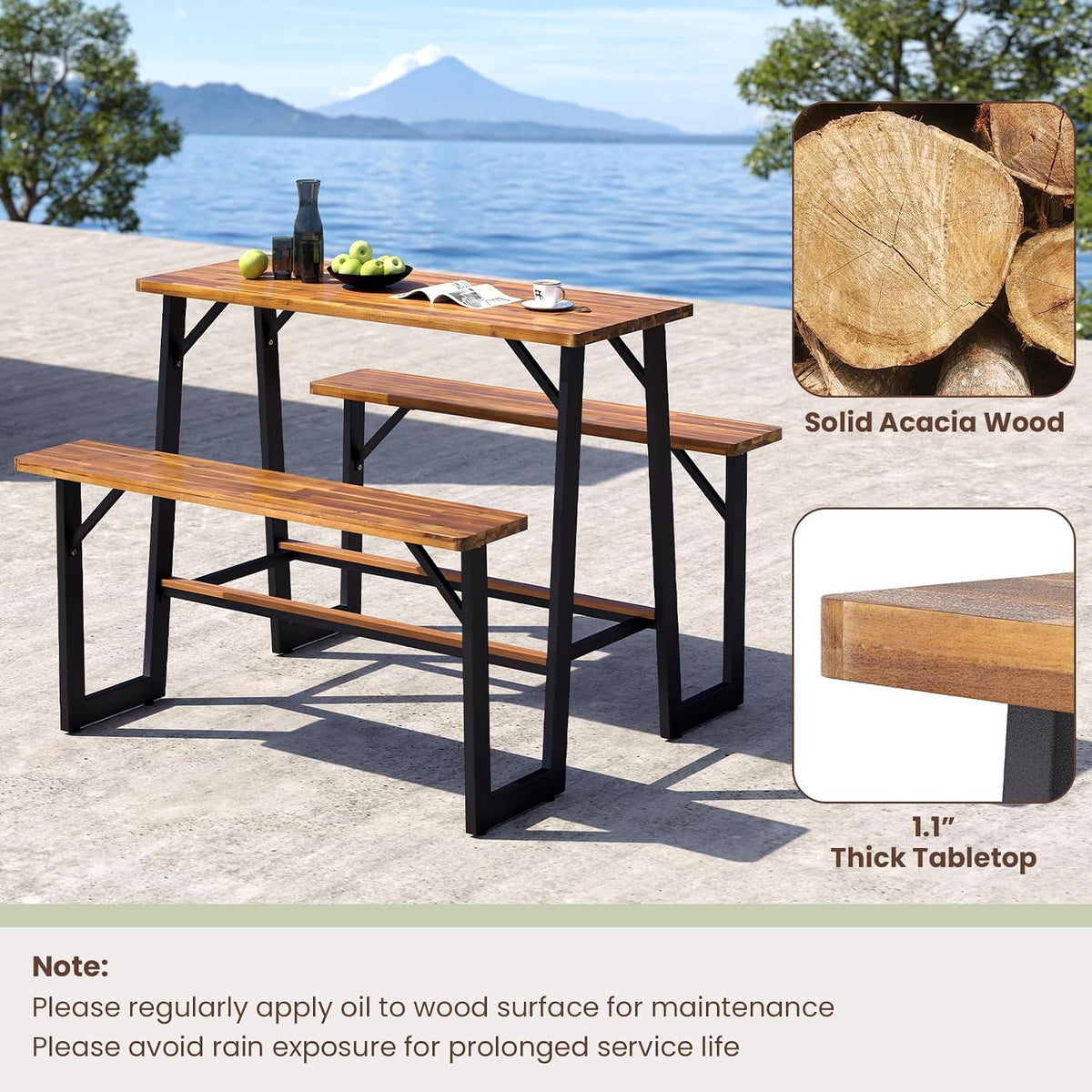 GIANTEX 4.5FT Picnic Table Bench Set for 4, Acacia Wood Outdoor Dining Table Set, Heavy Duty Metal Frame, Footrest Bar, Large Rectangular Tabletop for Porch Patio Lawn Garden