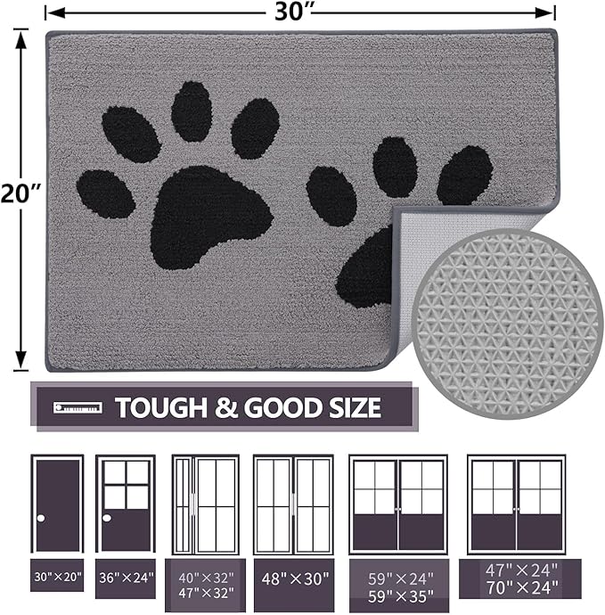 Buganda Dog Door Mat for Muddy Paws, Absorbent Dirt Trapper Washable Indoor Doormats, Non Slip Low-Profile Mud Mat for Dogs, Front Entrance Doormat for Inside Floor (59x35 Inches, Grey)