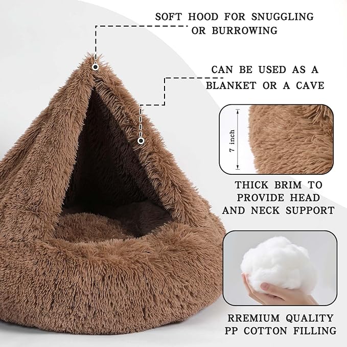 NOYAL Calming Dog Bed for Anxiety, Hooded Donut Cave with Blanket, Plush Fluffy Washable Pet Bed for Small Medium Dogs & Cats