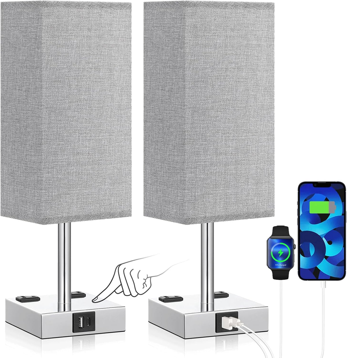 Light Grey Touch Lamps Set for Bedroom - Dimmable, USB C+A, 2 AC Outlets