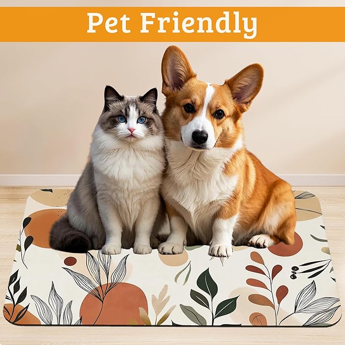 Boho Dog Cat Food Mat,Abstract Leaves Absorbent Waterproof Placemat for Food and Water Non Slip Rubber Backing Durable Feeding Pad for Clean Floors 12" x 20"