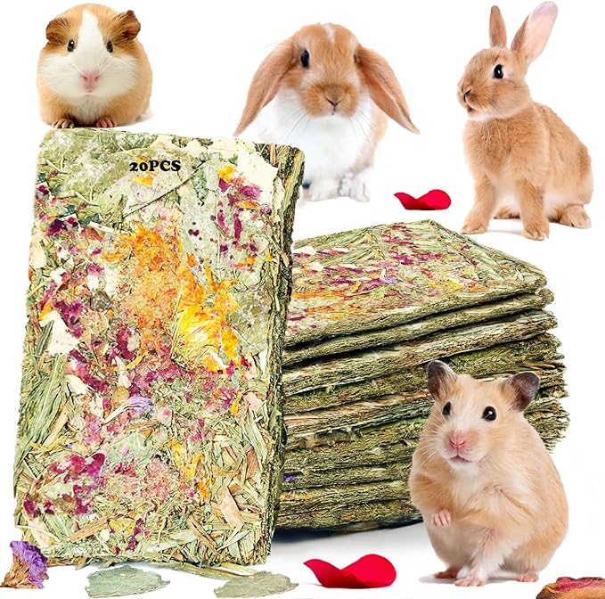Rabbit Toys 20 Pack Bunny Toys Bunny Chew Toy Guinea Pig Treats Timothy Hay Toy Chips with Herbal Flowers Timothy Hay Grass Hamster Snacks Chinchillas Gerbils for Small Animals Teeth
