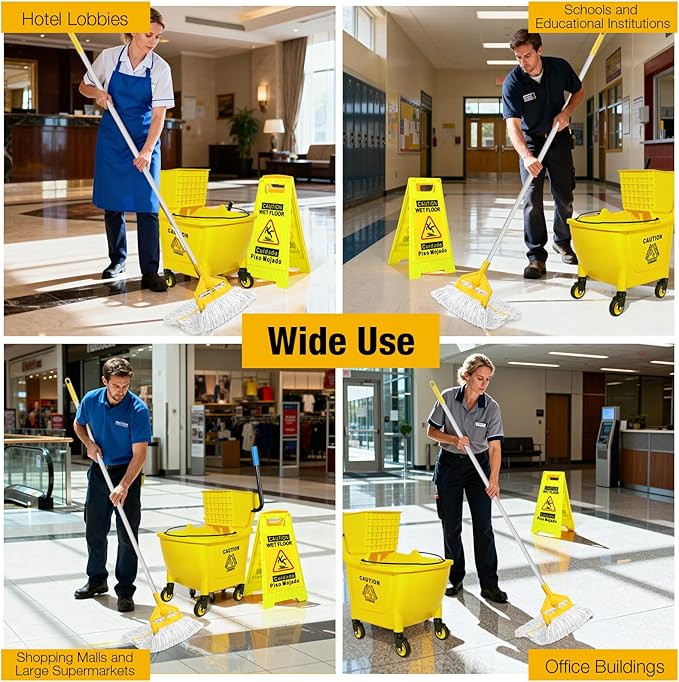 35 Qt Commercial Mop Bucket with Side Press Wringer on Wheels,Heavy Duty Industrial Mop and Bucket Set for Floor Cleaning,Including 1 Wet Floor Caution Sign for Household,Business,Yellow