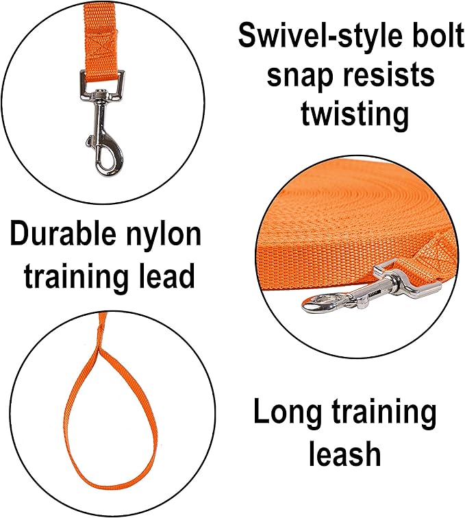 Hi Kiss Dog/Puppy Obedience Recall Training Agility Lead - 15ft 20ft 30ft 50ft 100ft Leash - Great for Play, Camping, or Backyard - Orange