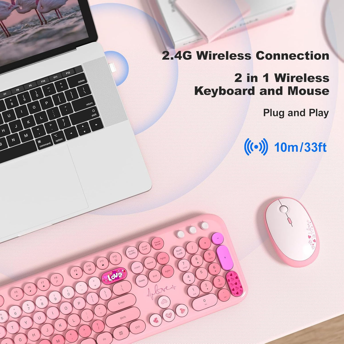 Wireless Keyboard and Mouse Combo, MOWUX Full Size Typewriter Retro Round Computer Keyboard, Cute Optical Mouse Wireless, Plug and Play, for Laptop, PC, Computer- Pink Heart