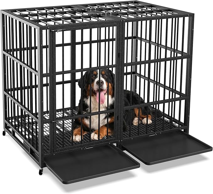 54 Inch Heavy Duty Dog Crate Indestructible XL Steel Escape Proof, Indoor High Anxiety Cage Kennel with Wheels, Removable Tray, Extra Large Kennel XL XXL