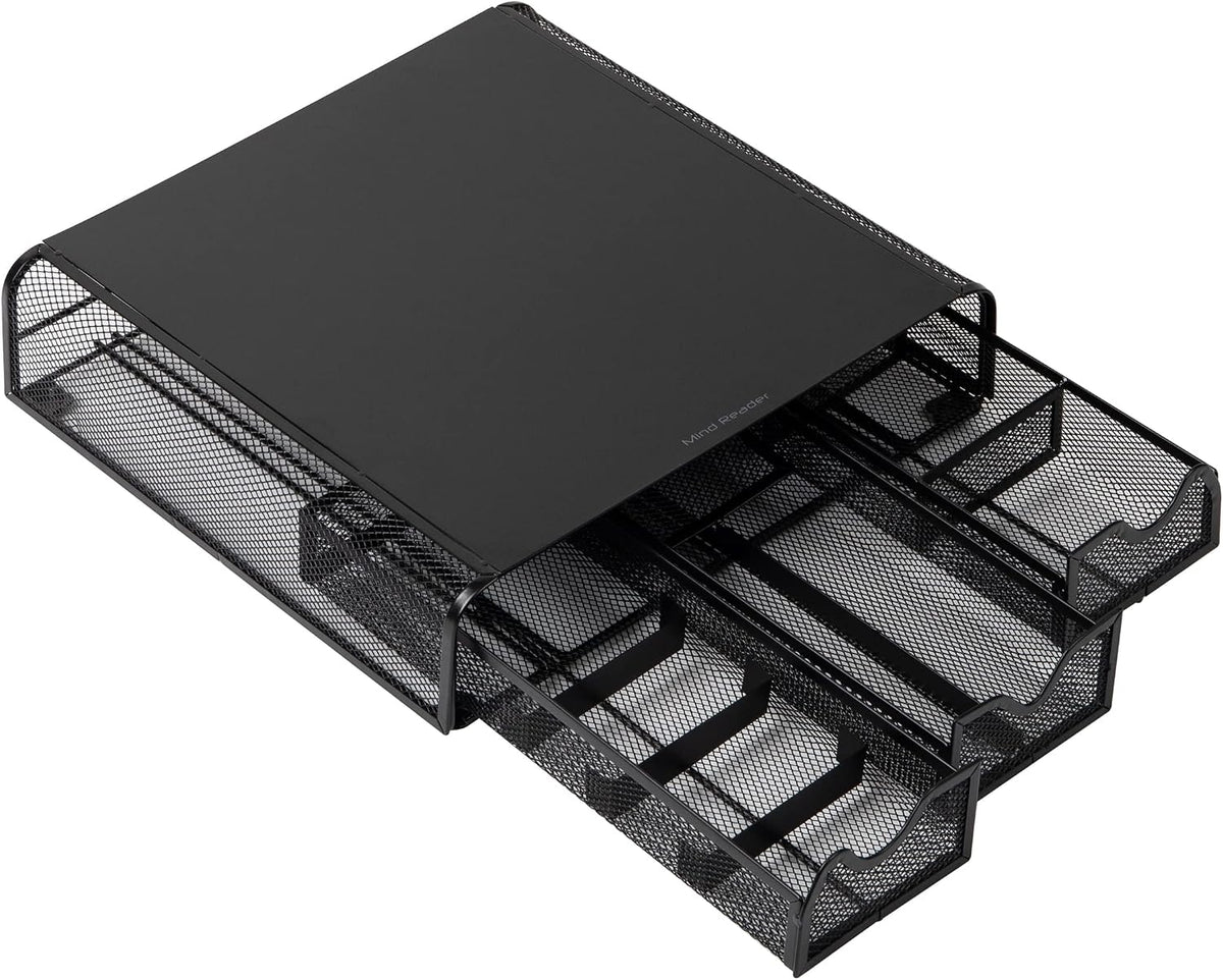 Mind Reader Monitor Stand, Ventilated Laptop Riser, Desktop Organizer, Storage, Metal Mesh, 13.25"L x 12.5"W x 3"H, Black
