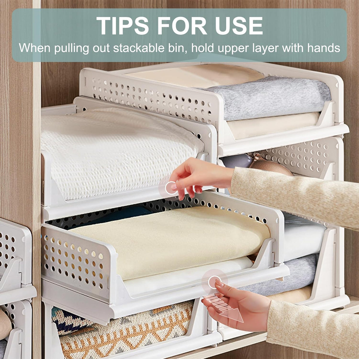 Goderewild Stackable Foldable Storage Baskets, Folding Storage Bins, Closet Organizers and Plastic Drawer Shelf Storage Container for Wardrobe, Cupboard, Kitchen, Bathroom, Office (White, 4S)