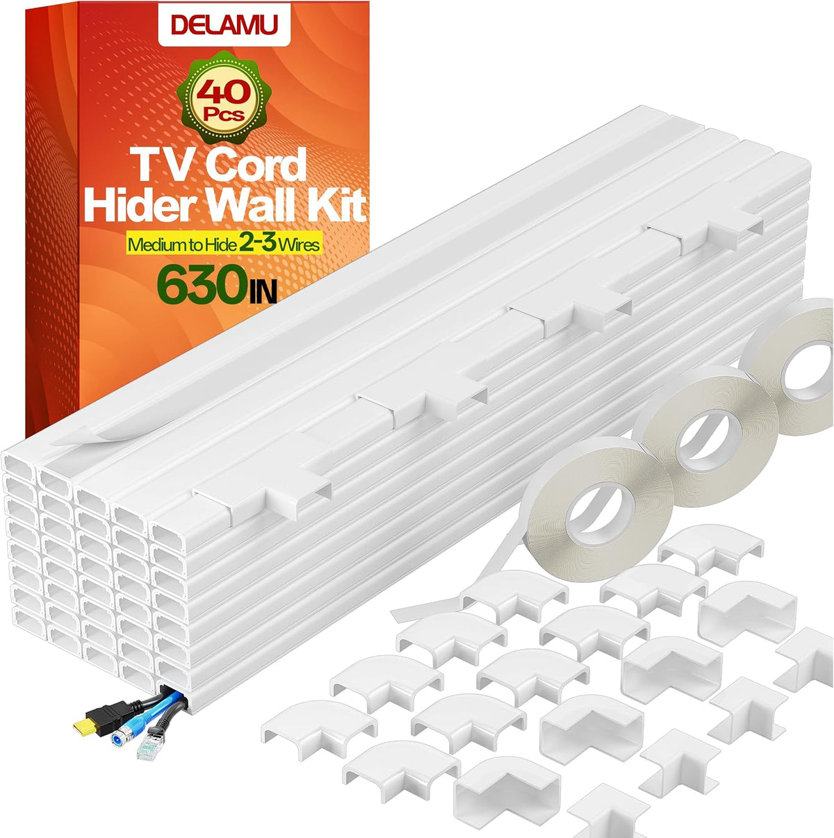 Delamu TV Cord Hider, 630in Cord Covers for 2-3 Wires on Wall, Cable Hider Wire Covers for Cords, Easier Setup Wire Hiders for TV on Wall, Cable Cover Management to Hide Wires, W0.94H0.47in, White