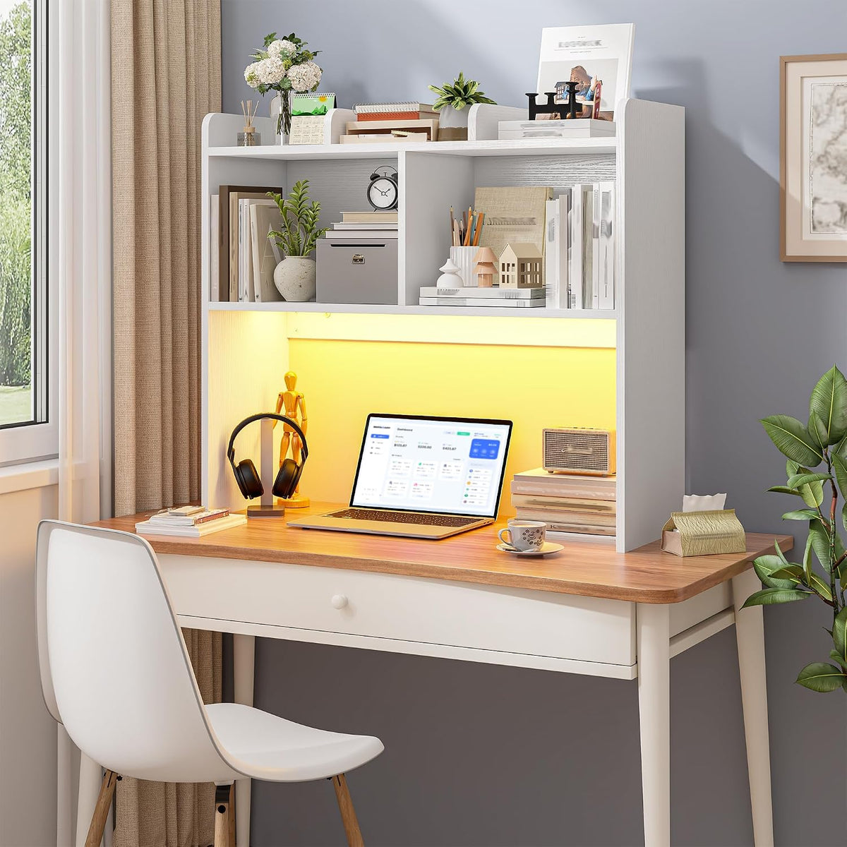 REIBII 3-Tier Desk Hutch with LED Light,6-Shelf Desktop Organizer,White
