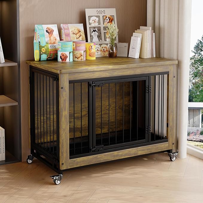 38.6 Inch Rustic Wooden Dog Crate Furniture with 3 Doors, Heavy Duty Indoor Dog Kennel Side Table with Wheels and Removable Tray, Easy-Clean Pet House Cage for Small to Medium Dogs