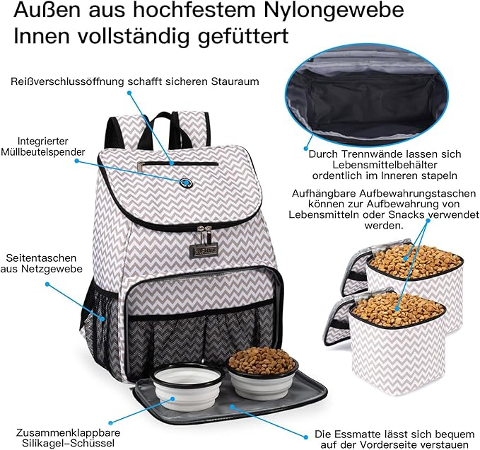 BAGLHER丨Dog Travel Bag, Airline Approved Pet Supplies Backpack, Dog Travel Backpack with 2 Silicone Collapsible Bowls and 2 Food Baskets