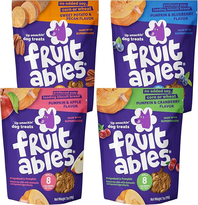 Fruitables Baked Crunchy Pumpkin Dog Treats, 7oz, Variety Pack of 4