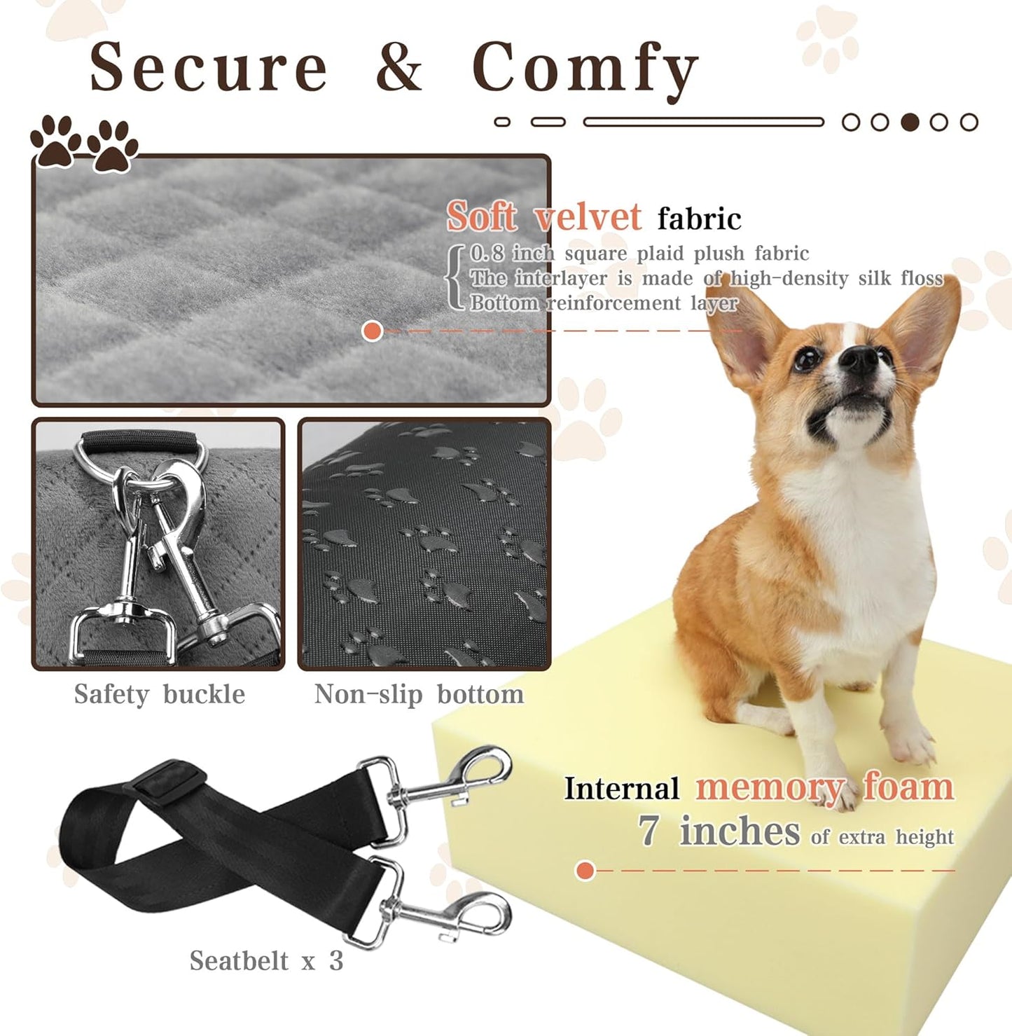 Dog Booster Car Seat for Small/Medium Dogs up to 30 lbs,Interior 7 Inches Elevated Pet Booster Seat,Ultra Soft Fabric and Memory Foam Car Dog Bed,Safety,Comfy,Fully Detachable Washable(H-Black/Brown)