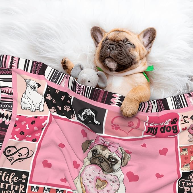 Pug Throw Blanket - Paw Print Blanket for Dog Cat Pink Pet Blankets 23x16 for Couch Sofa Bed