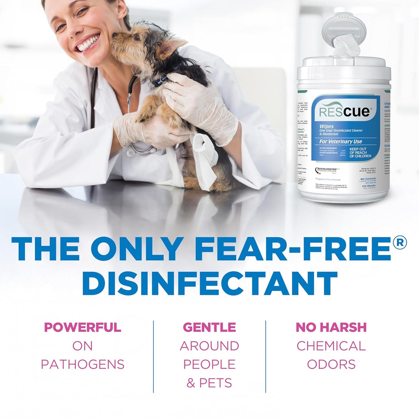 REScue One-Step Disinfectant Cleaner & Deodorizer Wipes for Vet Use – Cleaner for Kennels, Litter Boxes, Vet Offices, Pet Grooming Surfaces, Pet Items – Wipes Canister, 160-Count (Pack of 1)