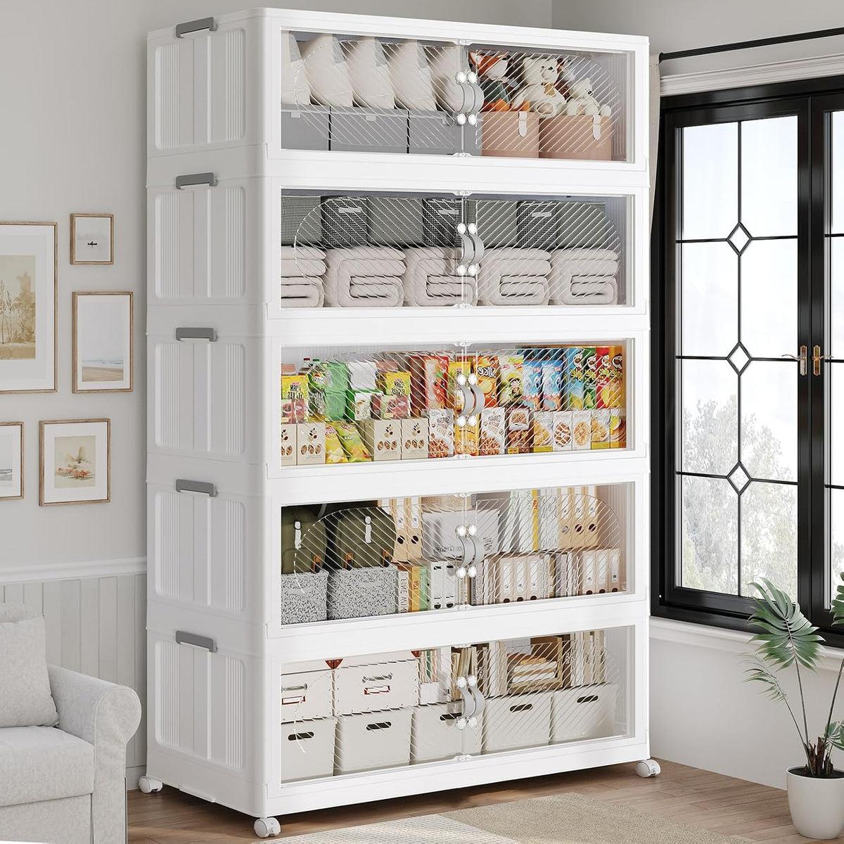 200Gal/800QT 5-Tiers Extra Large Stackable Storage Bins with Lid, Collapsible Cabinet Closet Organizer Plastic Container Box with Wheels Doors Drawers for Living Room Kitchen Office, White