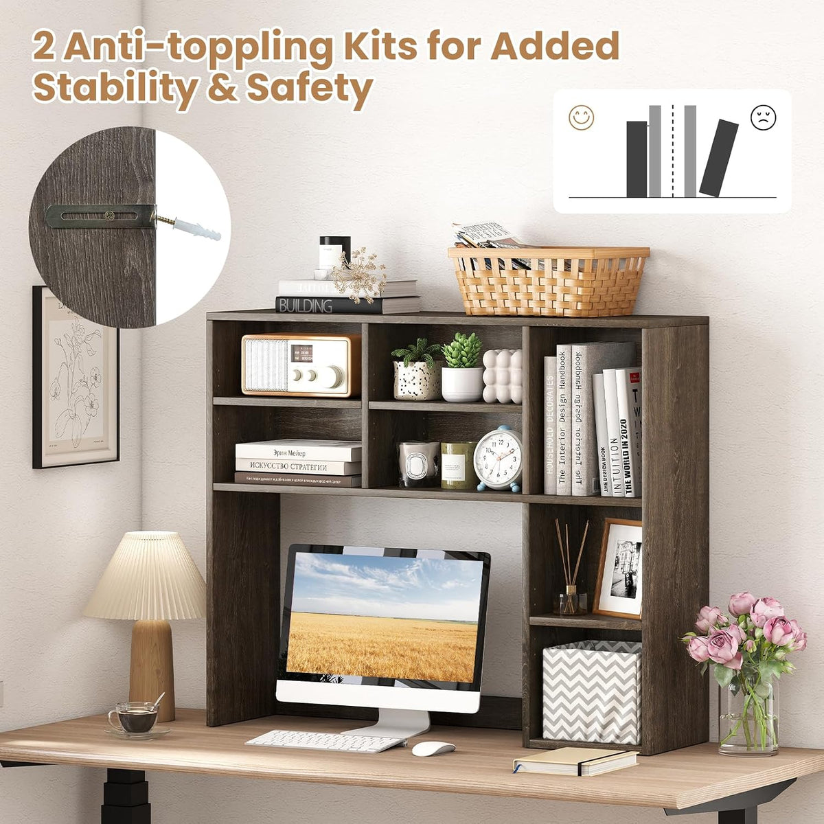 GOFLAME 7 Cubes Desktop Bookshelf, 37” Desk Organizer Shelf with 3 Adjustable Shelves, 3-Tier Wood Countertop Display Rack, Multipurpose Tabletop Desk Hutch for Dorm, Home Office, Gray