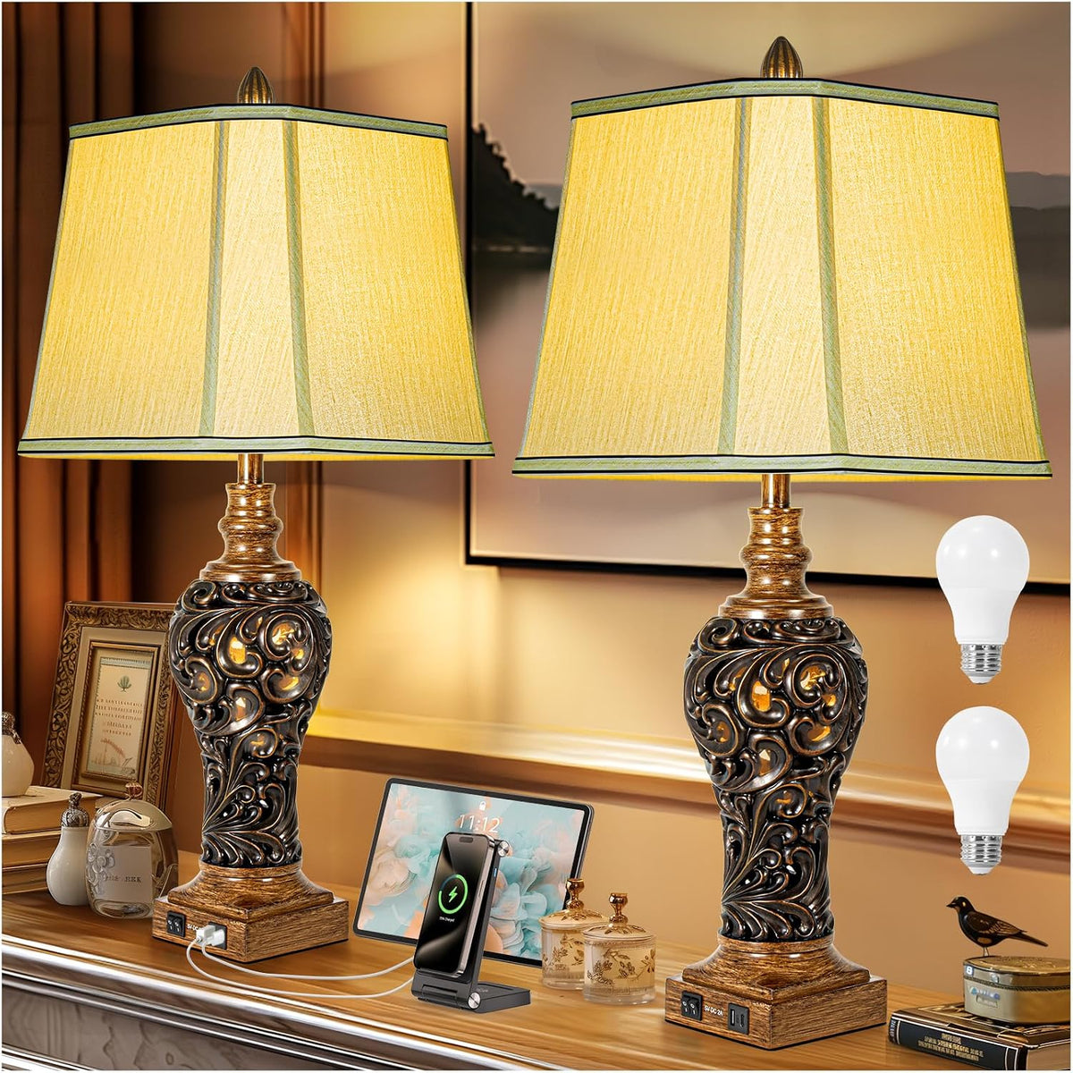 32'' Tall Rustic Vintage Table Lamps Set of 2 with Night Lights, Large Size