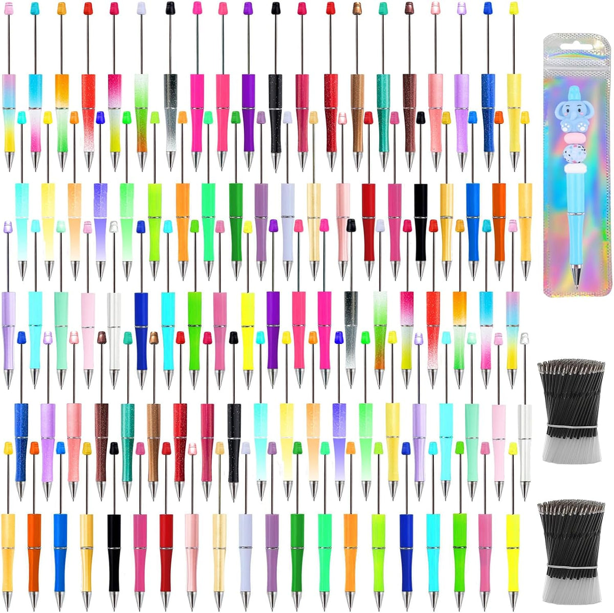 600 Pieces Beadable Pens Kit, 200 Beadable Pens Bulk with 200 Refills + 200 Pen Bags, DIY Black Ballpoint Ink Bead Pens Bulk for School Office Accessories Supplies (50 Colors)