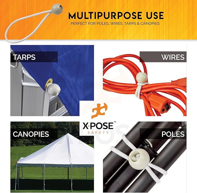 Xpose Safety Bungee Ball Cords 11" 25 Pack Heavy Duty White Stretch Rope with Ball Ties for Canopies, Tarps, Walls, Cable Organization