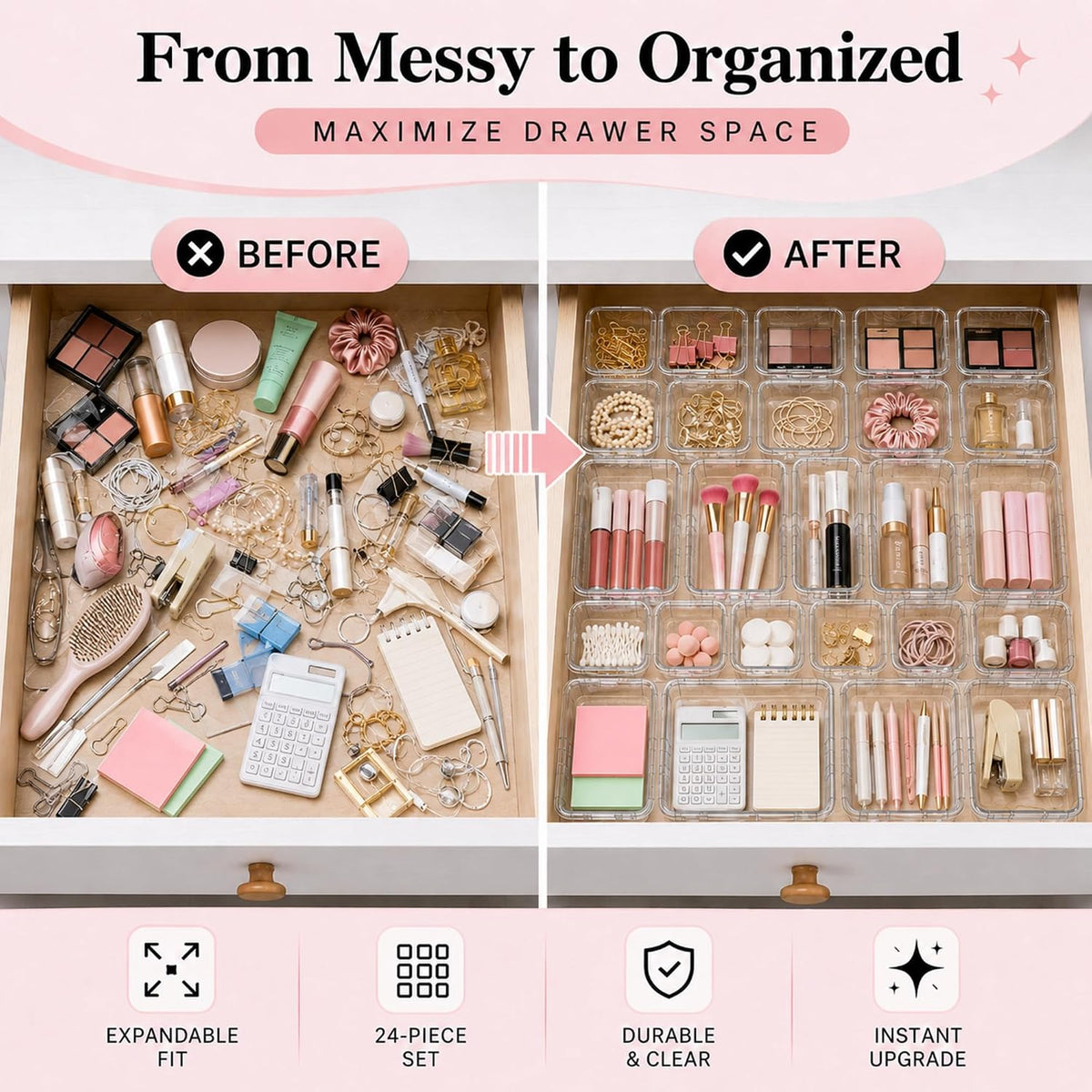 24 Pcs Clear Adjustable Drawer Organizer, 3-Size Expandable Desk Drawer Organizer Box, Acrylic Storage Bins for Makeup, Cosmetic, Kitchen Utensils, Bedroom Dressers Tool Organizer for Gadgets (24)