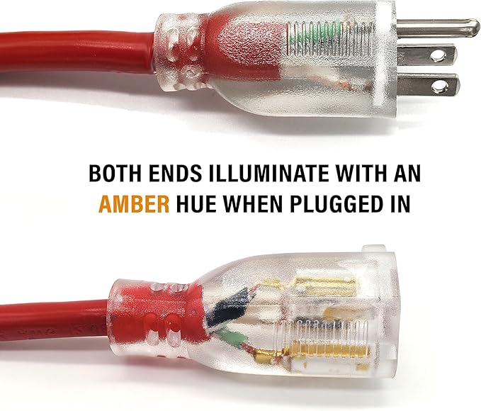 100 ft - 14 Gauge Extension Cord Outdoor - Made in USA - Lighted on Both Ends - Red Outdoor Extension_Cord Waterproof by Anthem Cable - Heavy Duty ExtensionCord 100 ft 13 Amp Extension