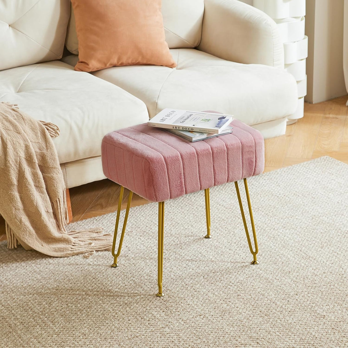 IBUYKE Makeup Vanity Stool, Velvet Rectangular Footrest, Pink LG-51P
