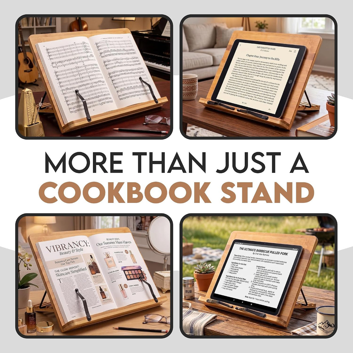 Bamboo Cookbook Stand Large, Adjustable Book Holder Tray and Page Paper Clips - Walnut Color Large - 4-Position Recipe Book Stand Holds Thick Books for Kitchen Counter, Reading, Studying - Foldable