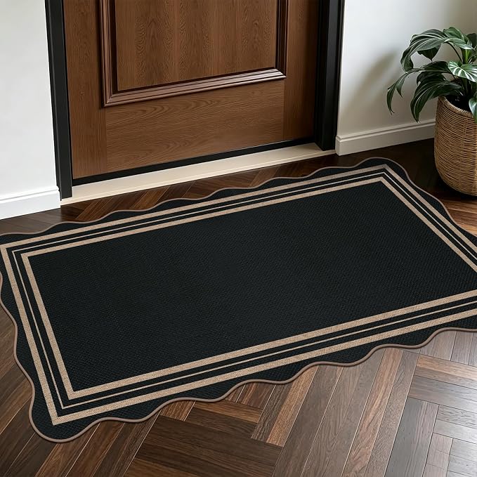 Scalloped Easy Jute Black Rug, 2x4 Front Door Washable Door Mat Non Slip Small