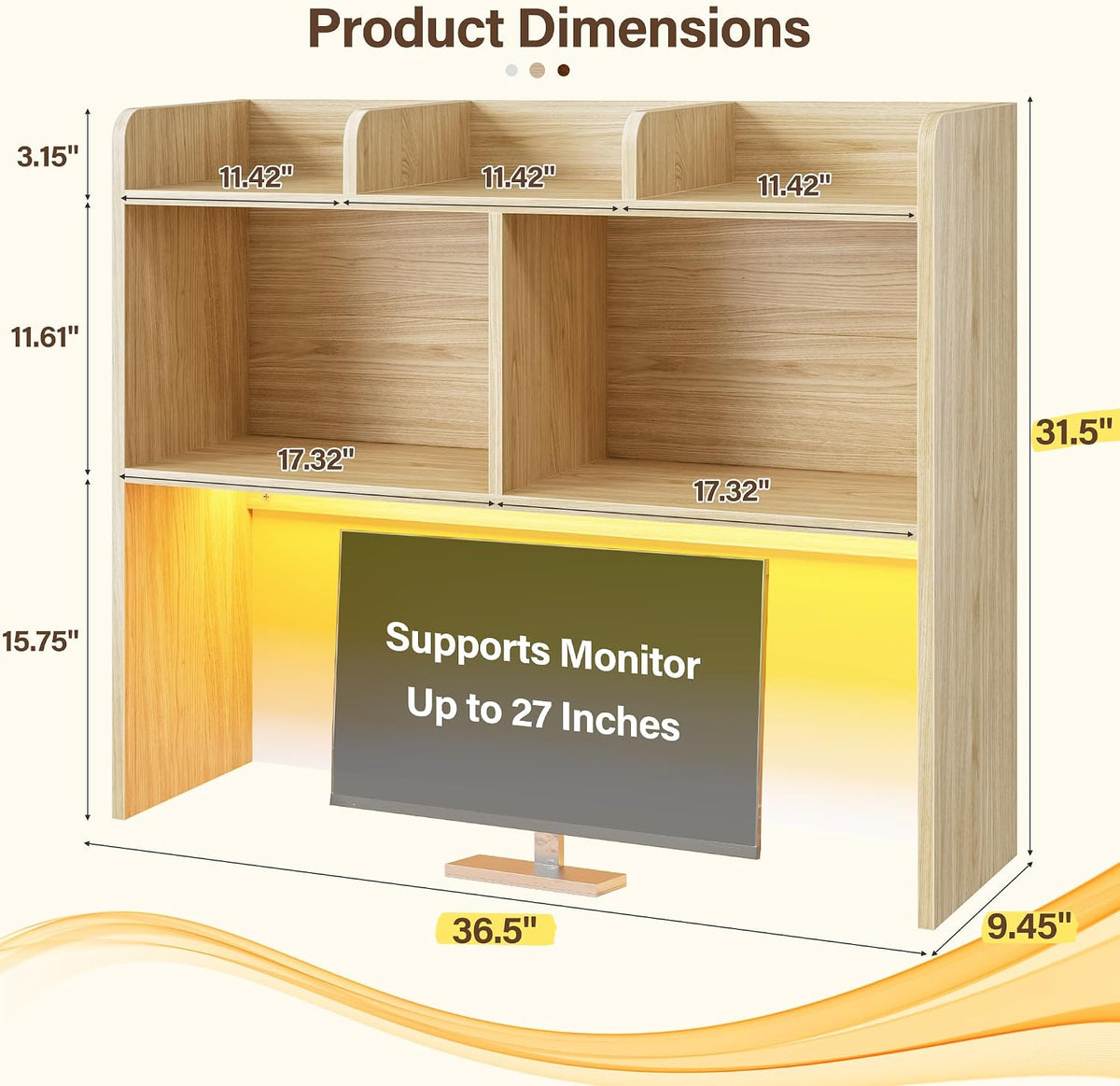 REIBII 3 Tier Desk Hutch, 6 Shelves to Storage, LED Desktop Shelf