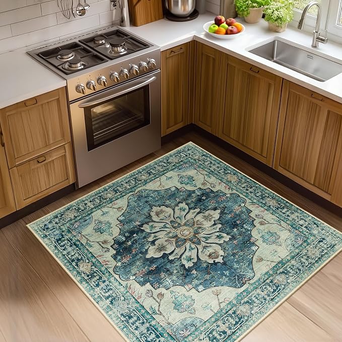 RELEANY Area Rugs Square 4ft Washable Non-Slip, Floral Vintage Distress