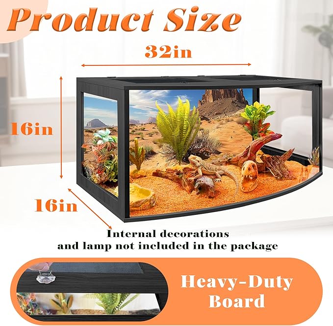 PROLEE Bearded Dragon Tank, Curved Reptile Enclosure with 3-Side Clear Acrylic Panels, Spacious Lizard Tank with Metal Mesh Top and Lockable Door for Reptile Habitat (Black, 32" Length,34 Gallons)
