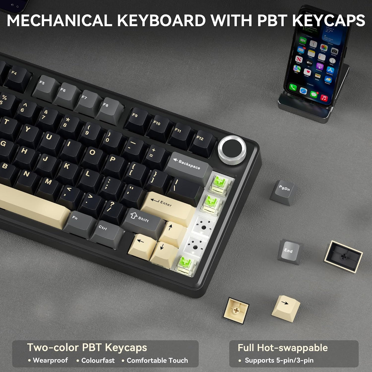 SOLAKAKA A75 75% Wireless Gaming Keyboard with Multifunction Knob, Black