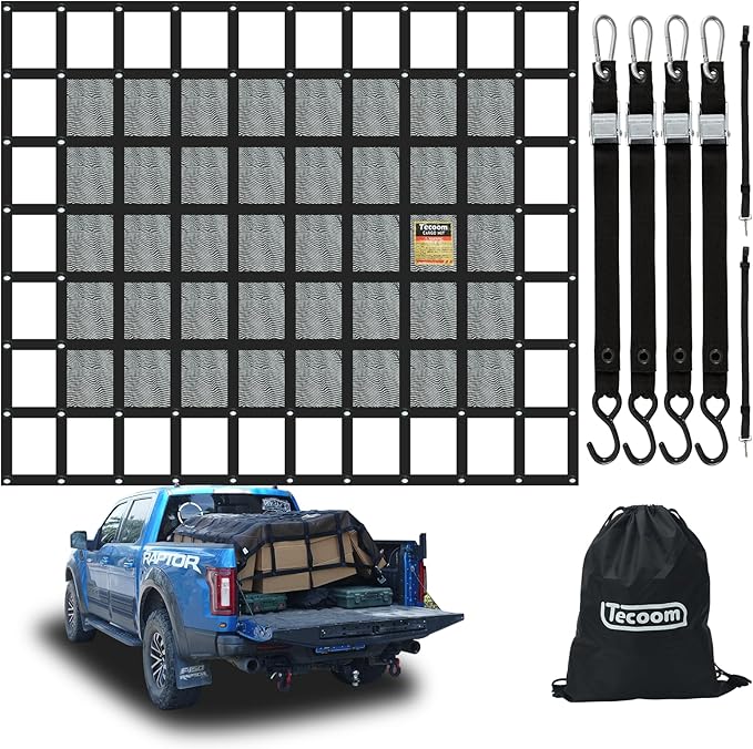 Tecoom 10.17'x7.51' Cargo Net for Pickup Truck Bed, Heavy Duty Truck Cargo Net Weight Capacity 1,500 LBS, Automotive Bed Organizer Netting for Camping Trip Luggage