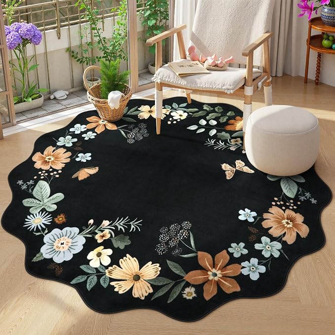 Lahome Floral Washable Round Rugs, Non-Slip Soft Round Rug 4ft Ultra-Thin