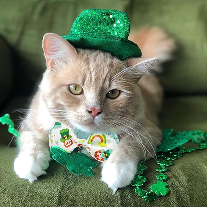 2 Pack St. Patrick Day Cat Collar with Bow Tie,Holiday Kitty Kitten Collar with Bell for Male Female Boys and Girls (I'm Irish)