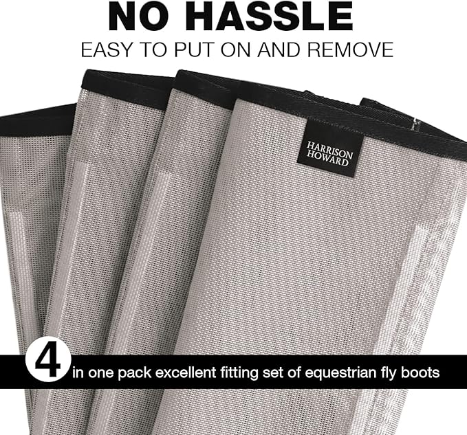 Harrison Howard Loose Fitting Fly Boots UV-Protective Extra Tough Mesh Ventilated Four Fasteners Stay-on Design Protect Horse Legs & Stomp-Reducing Set of 4 Original Grey Small