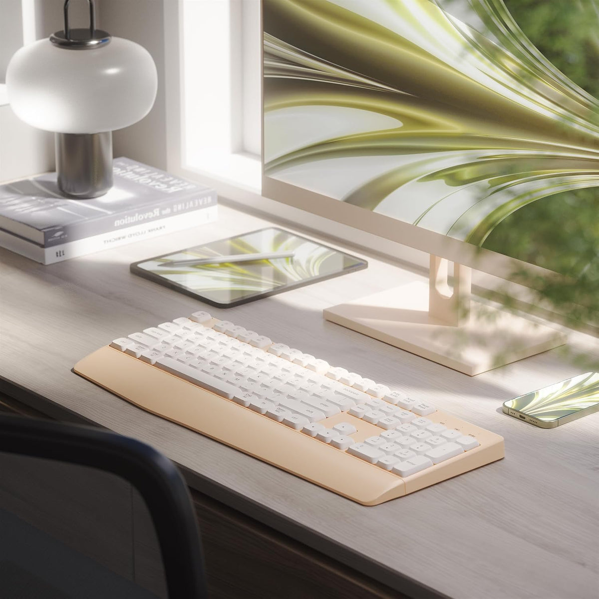 MPTOG Bluetooth Computer Wireless Keyboard with Wrist Rest (Khaki White)