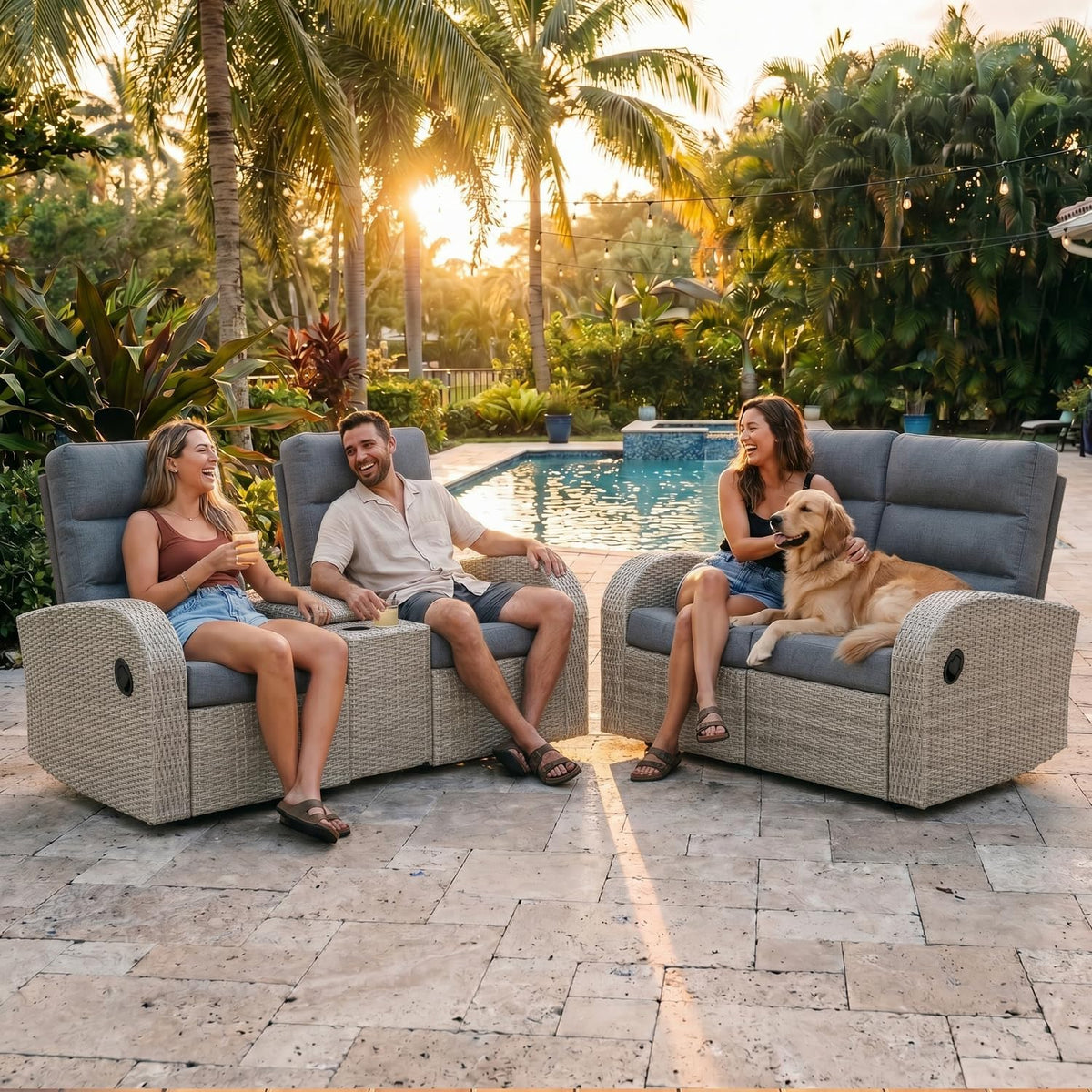 LayinSun Oversized Wicker Outdoor Recliner Lovseat with Adjustable Backrest & Footrest, Patio Reclining Lounge