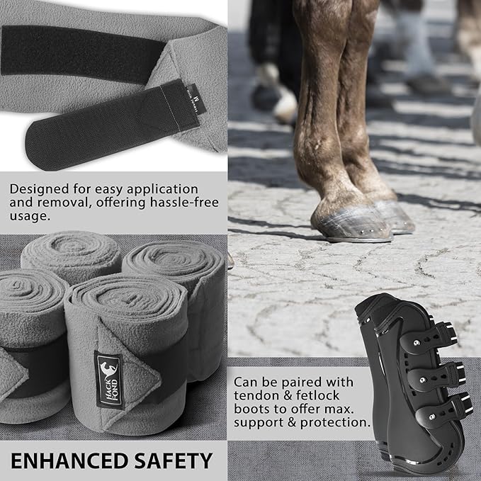 Horse Polo Leg Wraps, 10' Long Fleece Polo Wraps for Horses Set of 4, Horse Leg Bandages Stable Supplies Equestrian Boots Horse Leg Protection Dark Gray