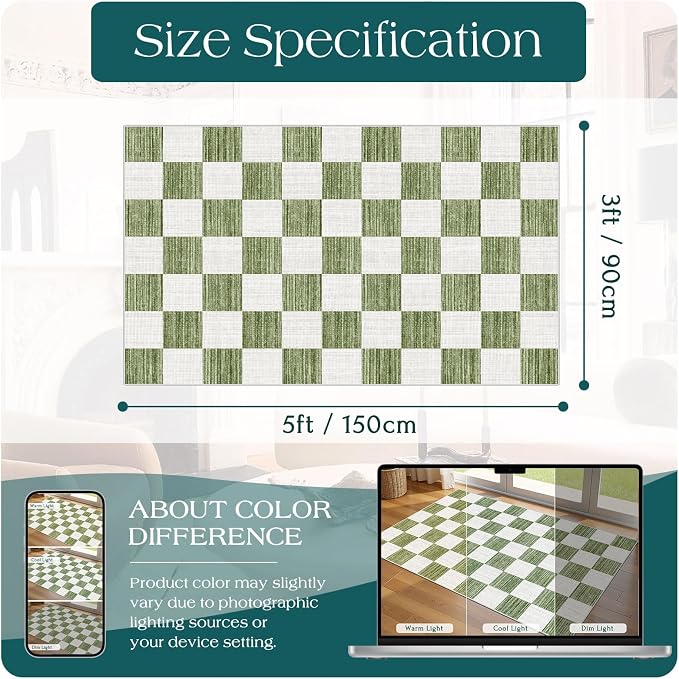 Green White Checkered Entry Rug