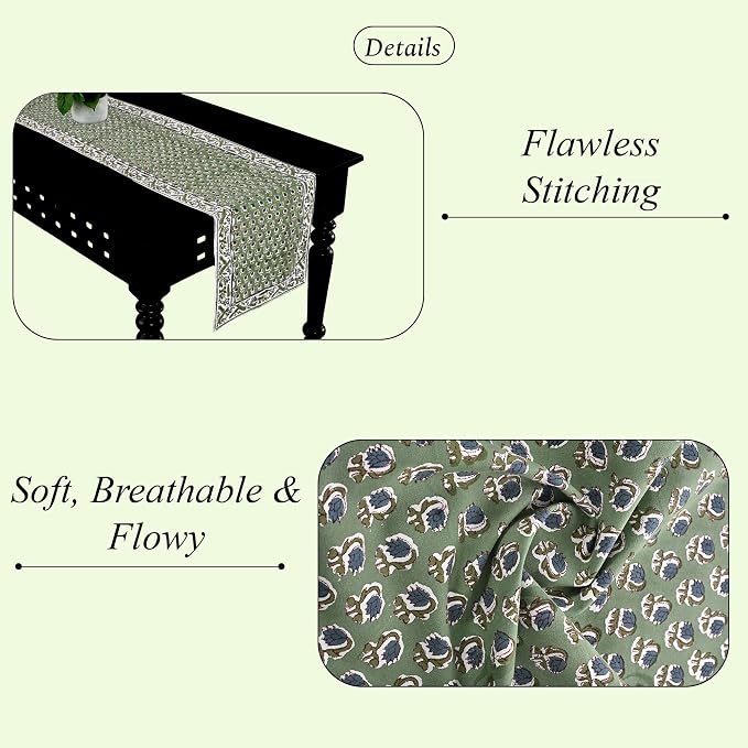 Basil Green Hand Block Print 100% Cotton Table Runner 16x70 Inch | Perfect