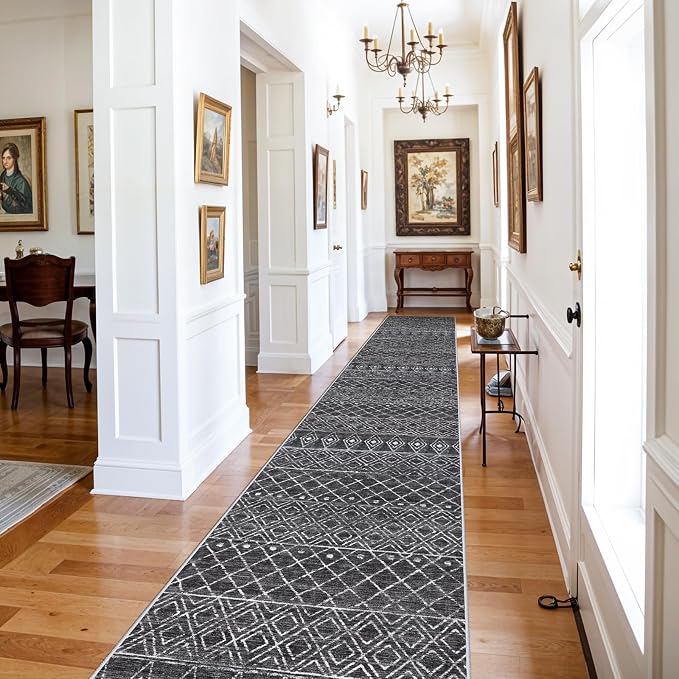 Black Moroccan Washable 3x16 Long Hallway Runner Rug | Soft Low Pile Thin