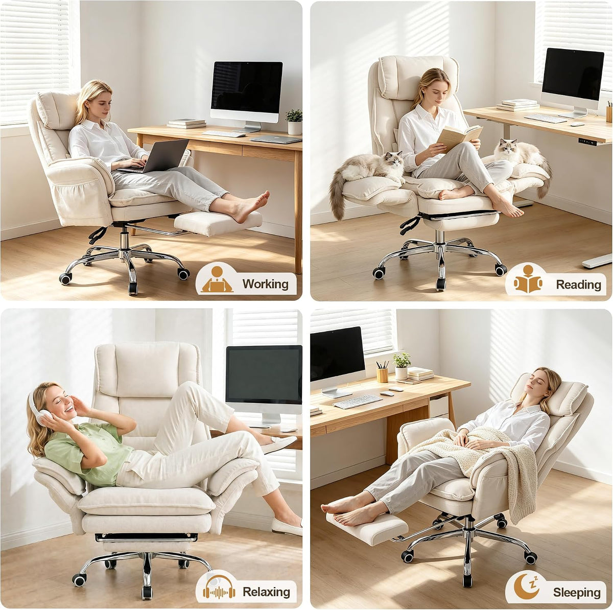 Office Chair with Flip Armrests & Foot Rest,Criss Cross Legged Home Office Desk Chair with Pet Seat,Ergonomic Reclining Computer Gaming Chair,High Back Executive Chair with Lumbar Pillow(White)